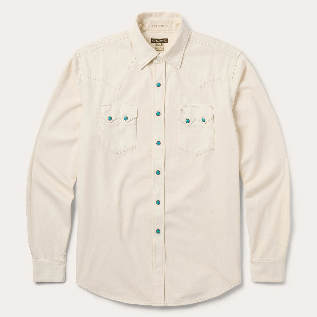 Stetson men's turquoise snap western denim shirt with button closures and classic western style.