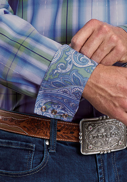 Stetson Men's Plaid Paisley-Cuff Western Shirt, Blue – cuff detail