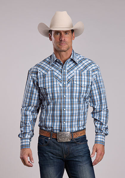 Stetson Men's Vintage Dobby Long Sleeve Shirt, Blue – front