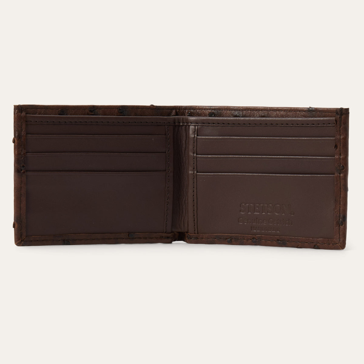 Stetson Ostrich Bi-Fold Wallet by Gem Dandy showing textured ostrich leather with multiple card slots and a sleek design.