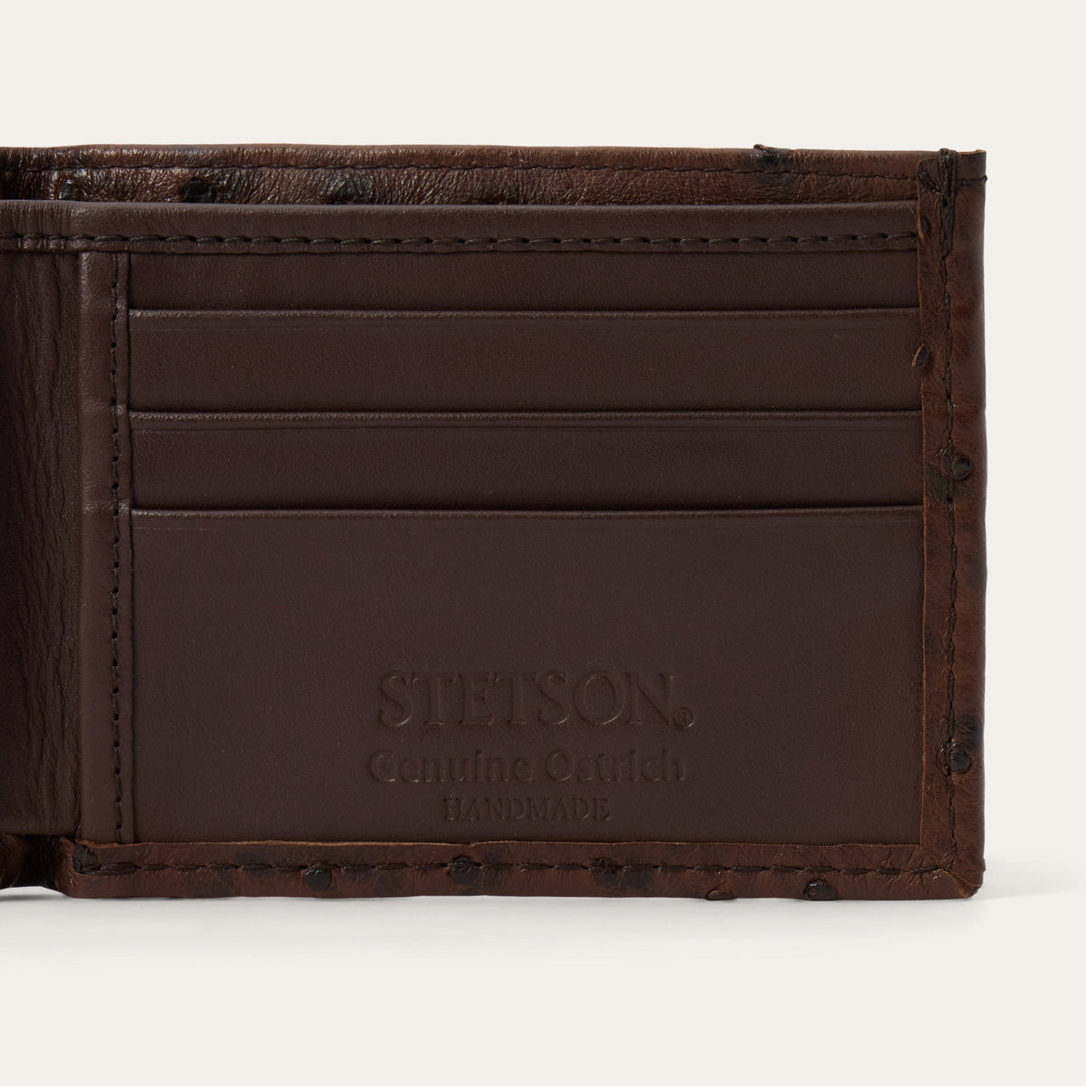 Stetson Ostrich Bi-Fold Wallet by Gem Dandy, featuring textured ostrich leather and multiple card slots.