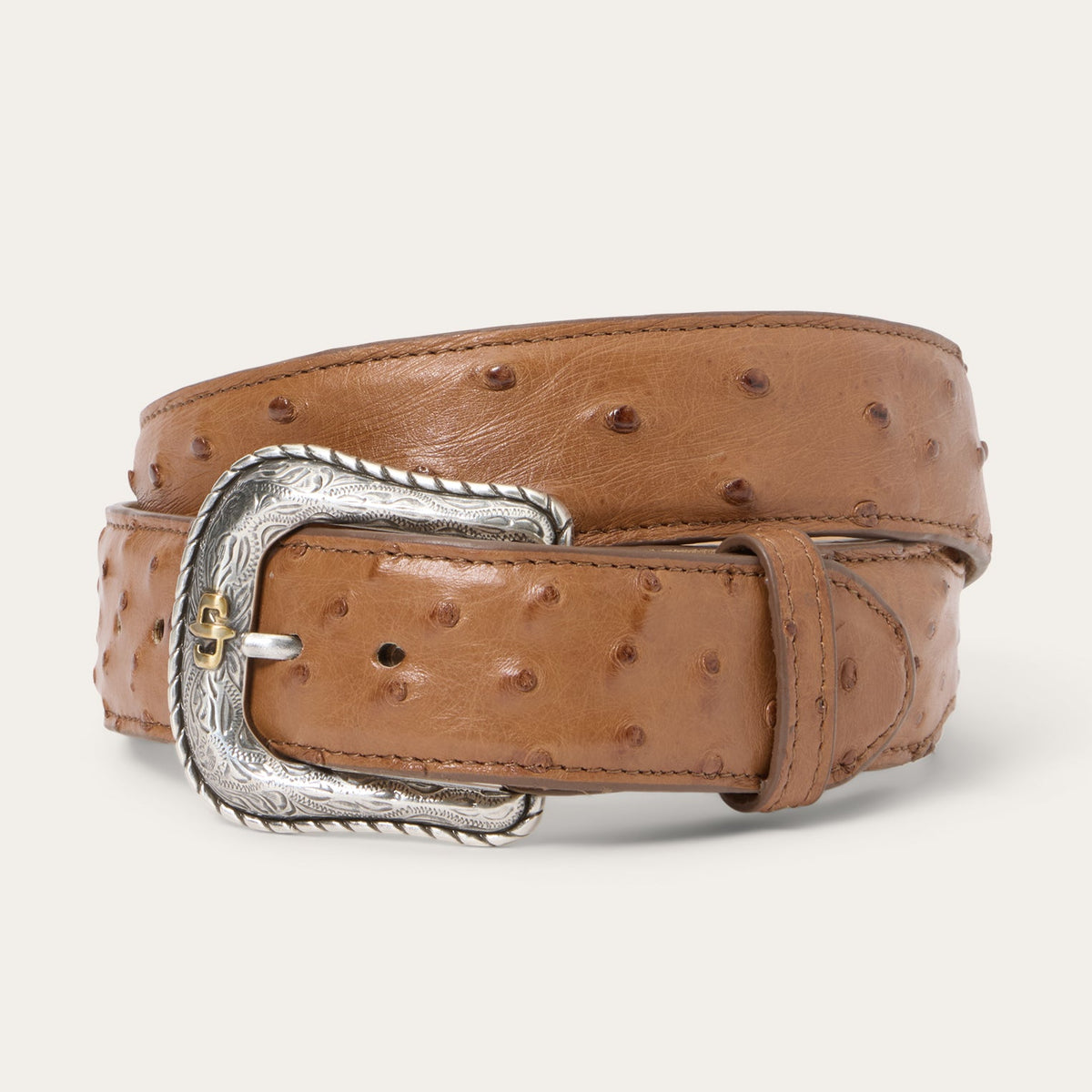 Stetson Ostrich Western Tab Belt by Gem Dandy in antique cognac with ostrich leather and western-style buckle.