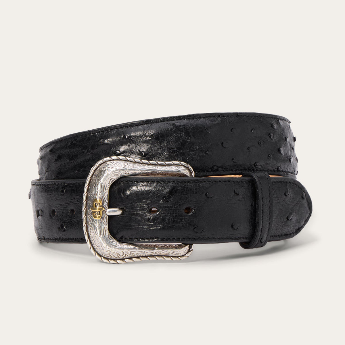 Black Stetson Ostrich Western Tab Belt by Gem Dandy featuring detailed ostrich leather and Western-style design.