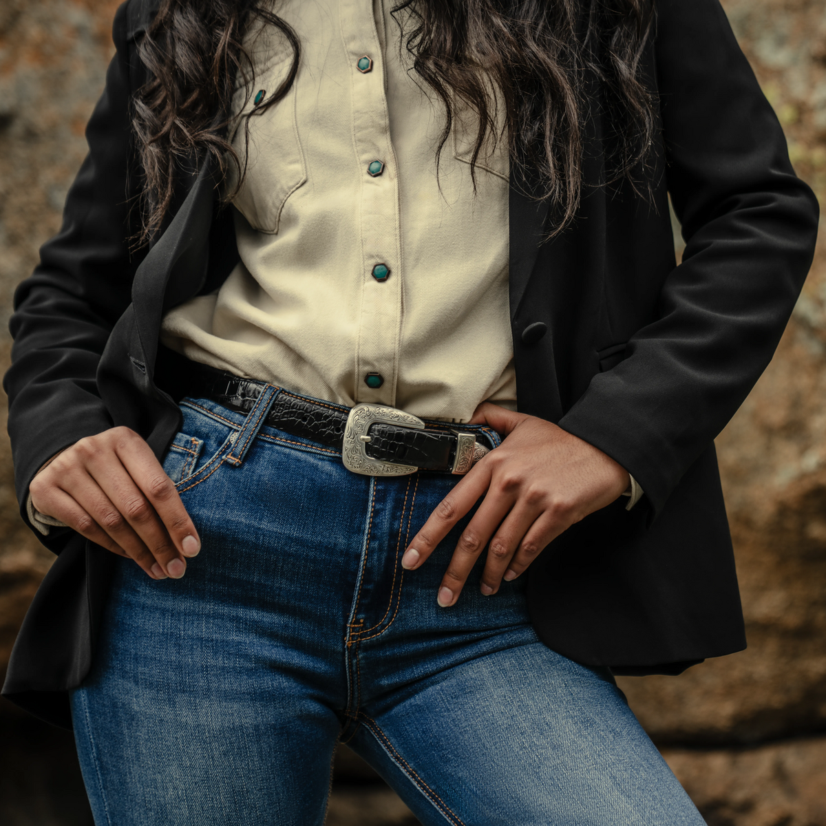 Stetson Women's black caiman leather tapered tab belt with classic design, suitable for casual and formal outfits.