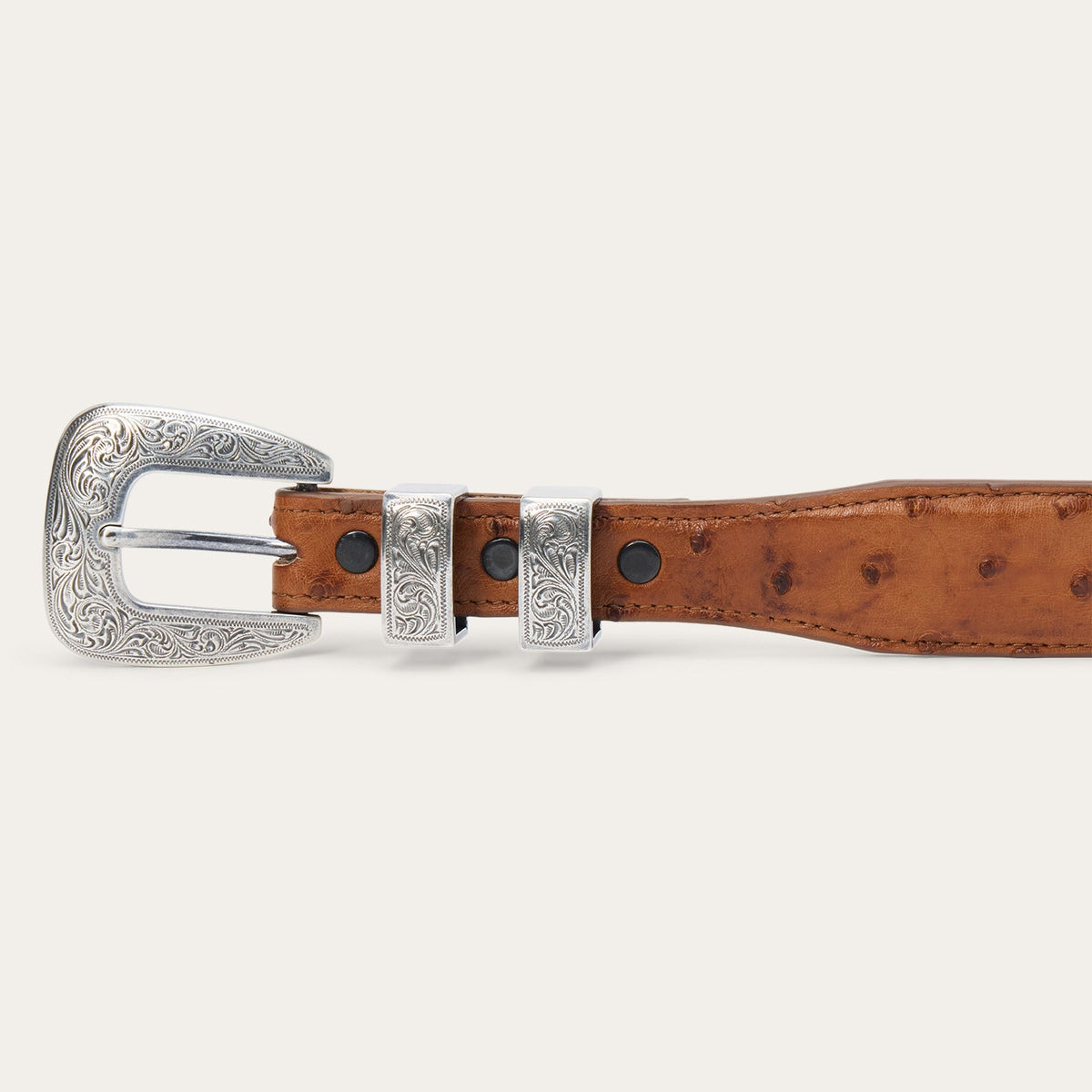 Stetson women's ostrich leather tapered tab belt in antique cognac with gold-tone buckle, stylish western-inspired accessory.