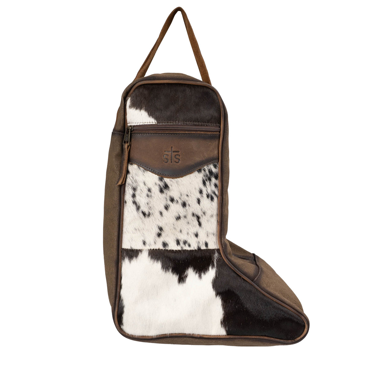 STS Ranchwear women's leather boot bag with classic hair-on-hide design, featuring sturdy handles and vintage-style leather accents.