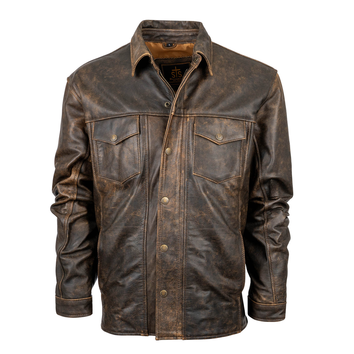 STS Ranchwear Rancher Leather Jacket in antique bronze distressed leather, featuring rugged details and classic western style.