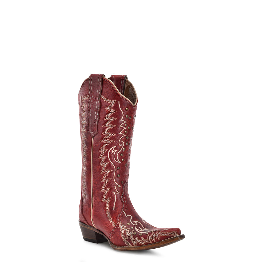 Circle G by Corral Women's Embroidery & Studs Snip Toe Cowboy Boot, Red – 3-4 front