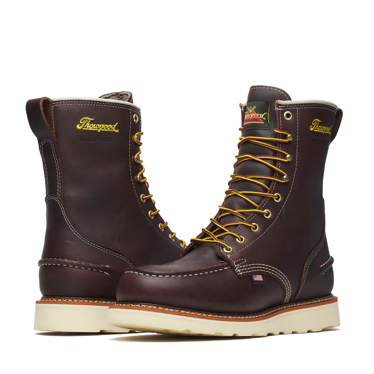 Thorogood Men's 1957 Series Waterproof 8" Soft Toe Moc Toe Boot, Briar Pitstop – heel and front pair