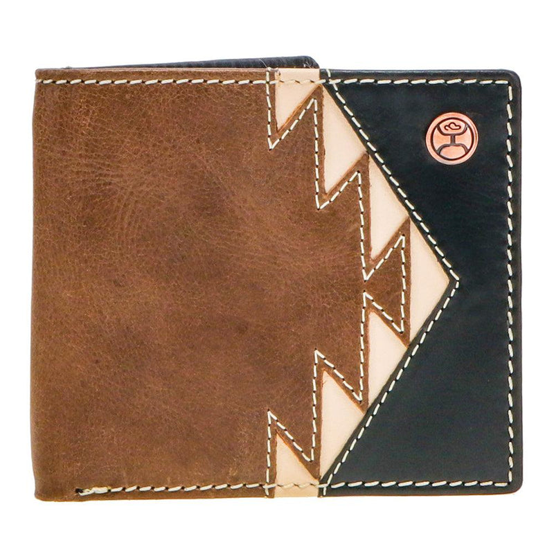Hooey Tonkawa bifold wallet in brown and black leather with ivory Aztec pattern detail, showcasing front view and open compartments.