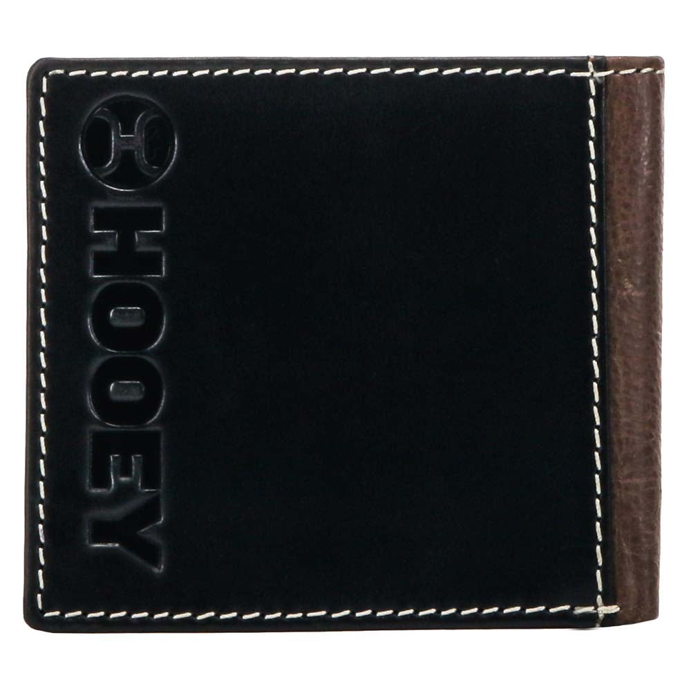 Hooey Tonkawa bifold wallet in brown and black leather with ivory Aztec pattern detailing.
