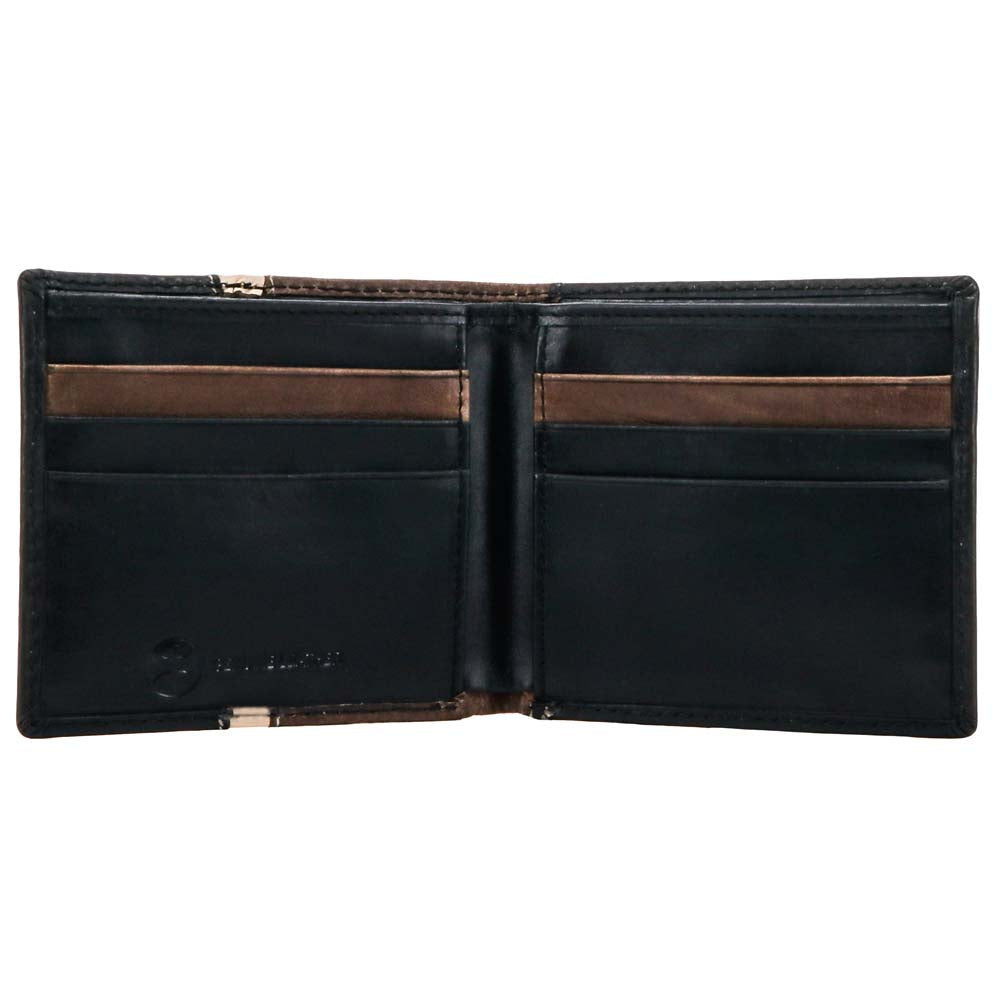 Hooey Tonkawa bifold wallet in brown and black leather with ivory Aztec pattern details