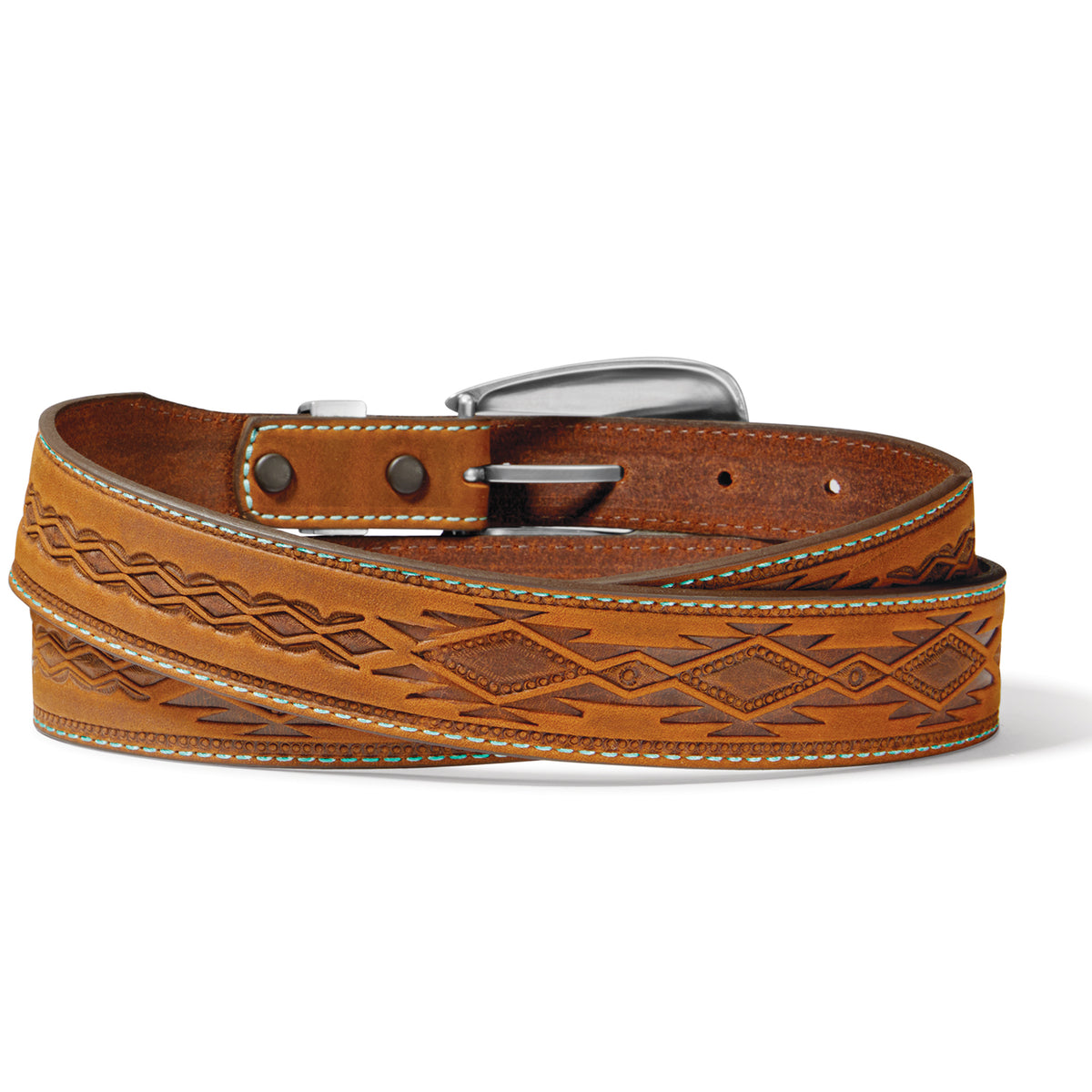 Leegin Tony Lama Dakota Belt in leather with detailed stitching and metal buckle, stylish western accessory.