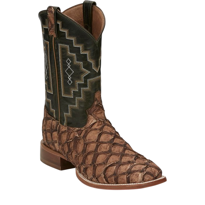 Tony Lama Leviathan Pirarucu 11-inch pull-on Western boots in chocolate leather, men's cowboy footwear with detailed stitching.