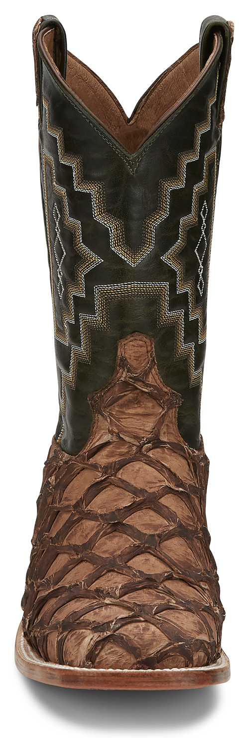 Tony Lama Leviathan Pirarucu 11-inch pull-on western boots in chocolate leather, featuring detailed stitching and classic Western style.