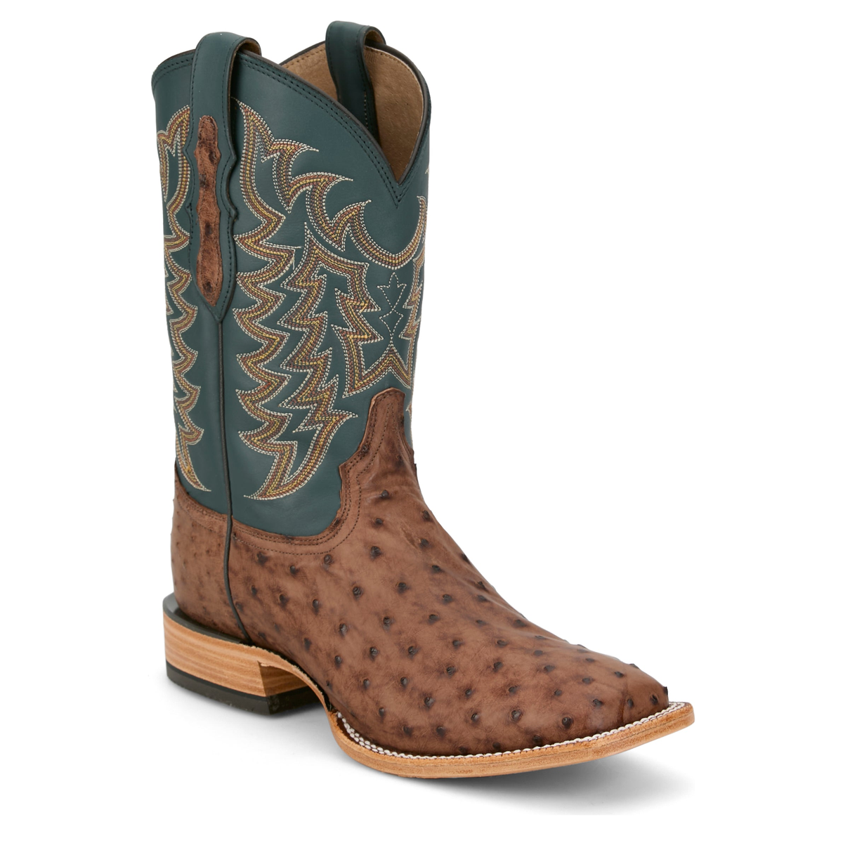 Tony Lama Men's Juan 11" Full Quill Ostrich Western Boot, Brown & Teal – 3/4 front