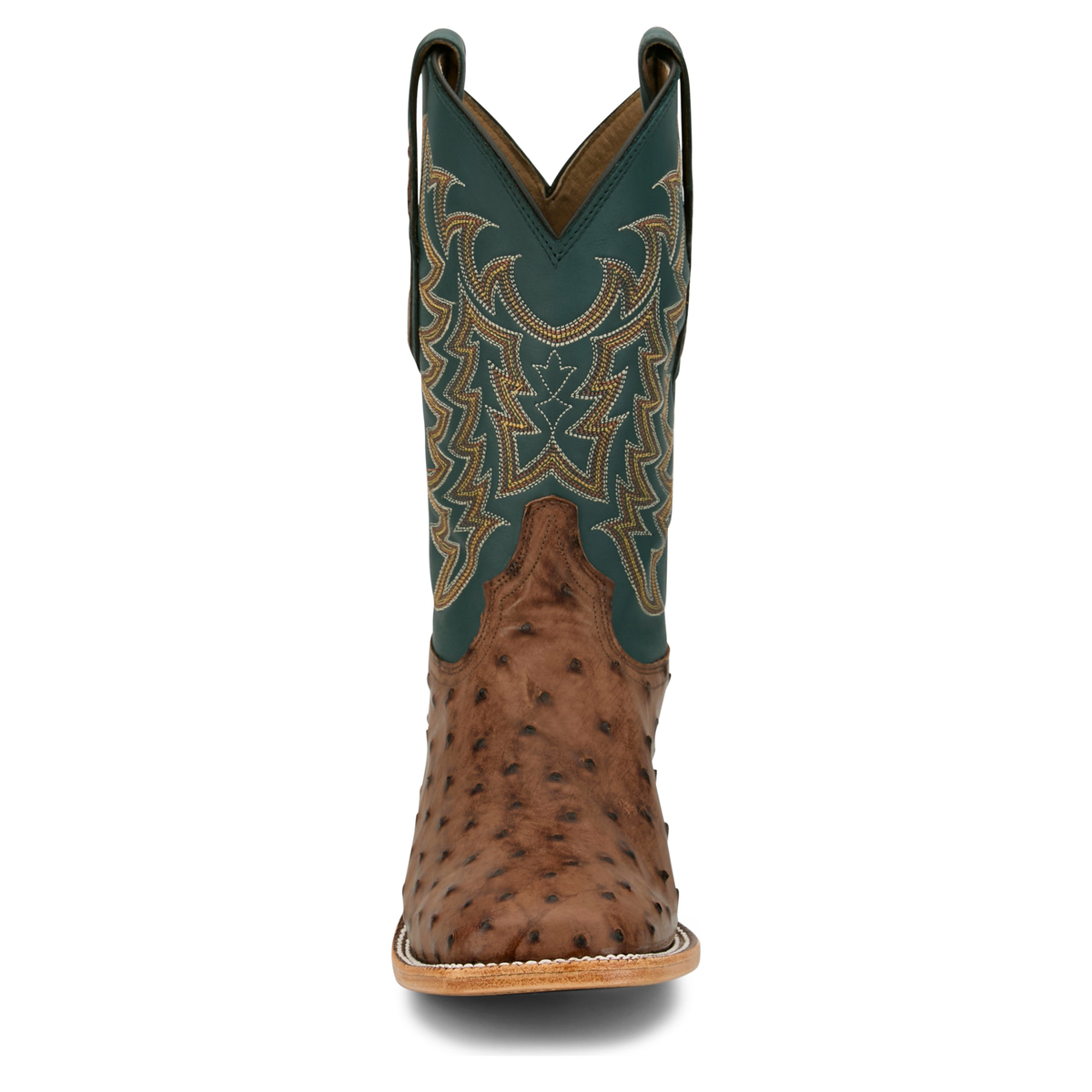 Tony Lama Men's Juan 11" Full Quill Ostrich Western Boot, Brown & Teal – toe