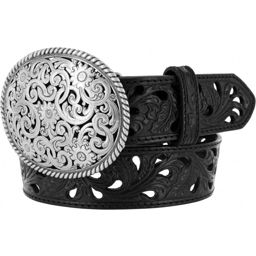 Leegin Tony Lama pierced filigree trophy belt featuring ornate metalwork and detailed leather design.