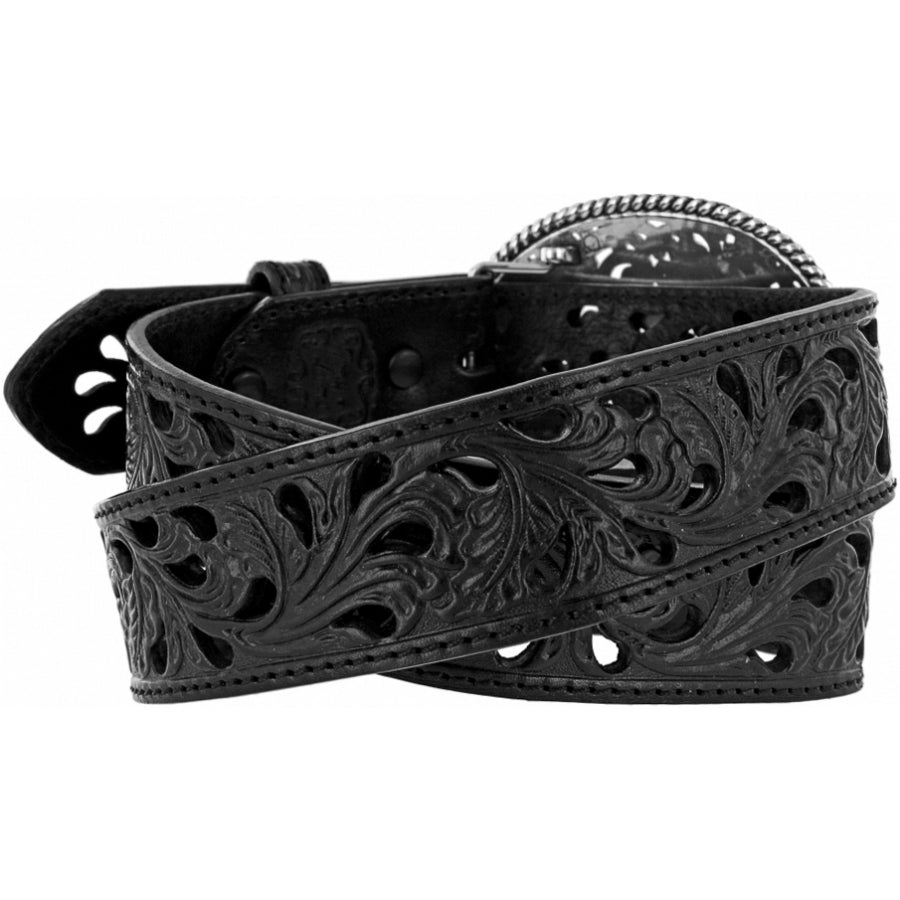Tony Lama pierced filigree trophy belt by Leegin showing detailed silver-tone metalwork and leather strap.