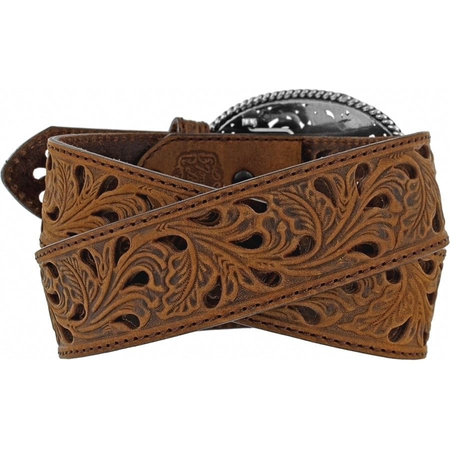Tony Lama pierced filigree trophy belt in leather with silver-tone decorations, showcasing intricate cut-out designs and craftsmanship.