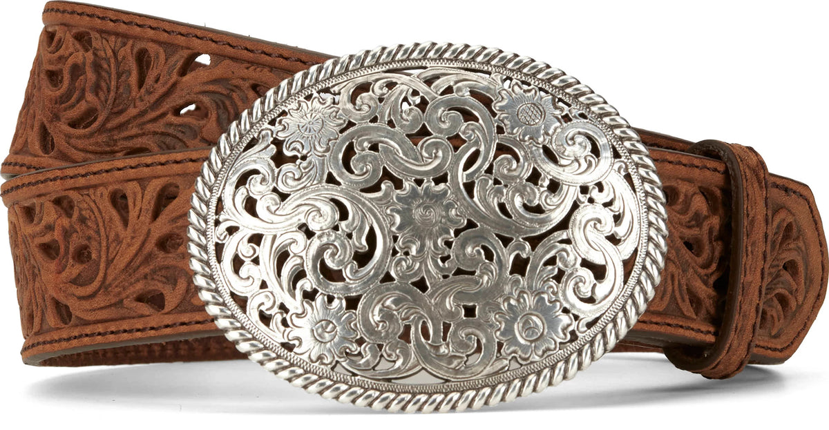 Tony Lama Women's Pierced Filigree Trophy Belt, Aged Bark – buckle