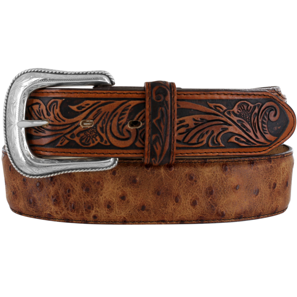 Tony Lama Rustic Ostrich Belt with textured leather strap and metal buckle, stylish western belt for men.