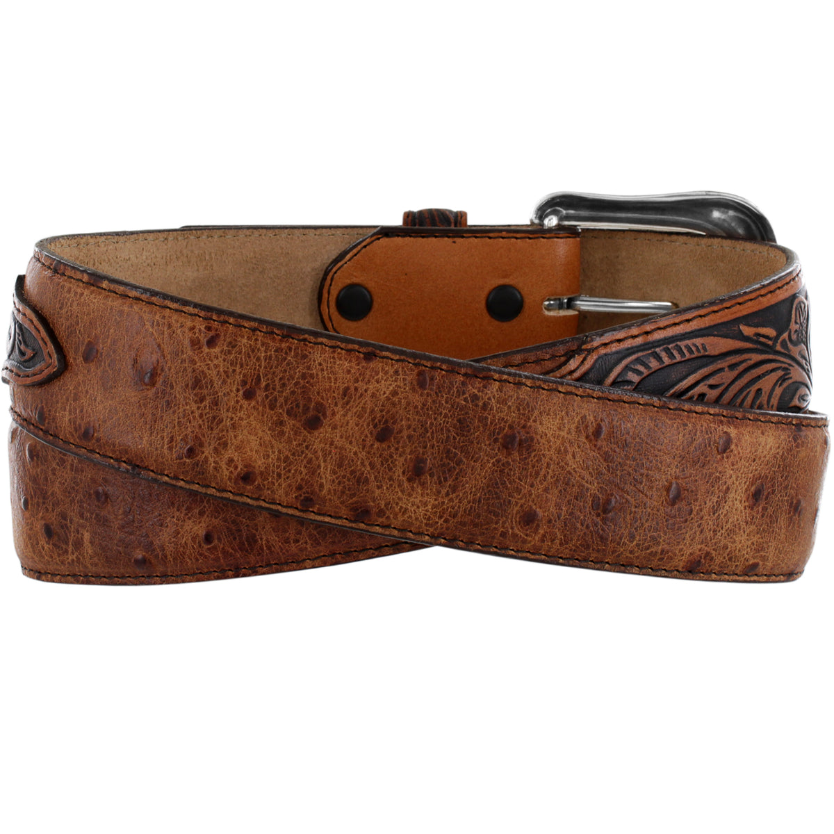 Leegin Tony Lama rustic ostrich belt with textured leather and antique finish, stylish Western belt for men.