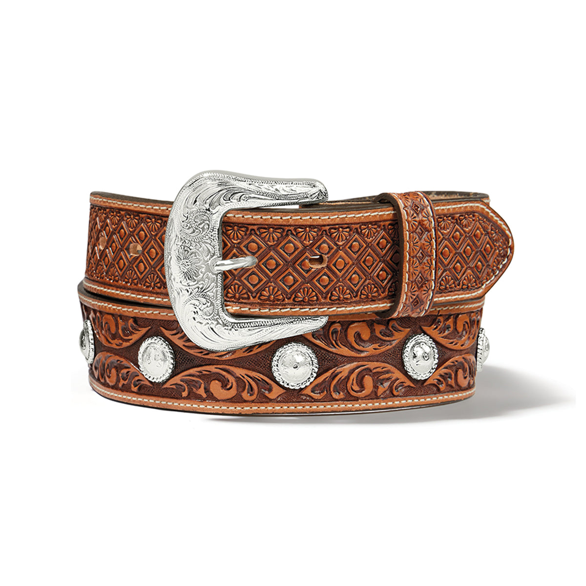 Tony Lama Silver Valley belt made by Leegin, featuring a silver-toned buckle and detailed leather strap.