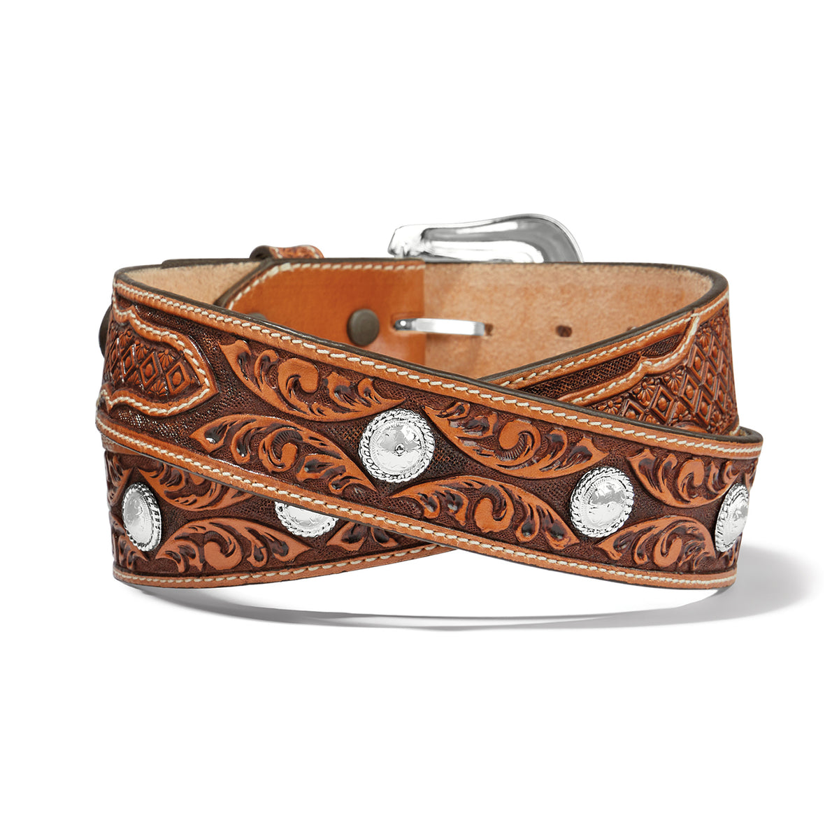 Tony Lama Silver Valley belt by Leegin, showcasing a silver-toned Western-style belt with detailed buckle and leather strap.
