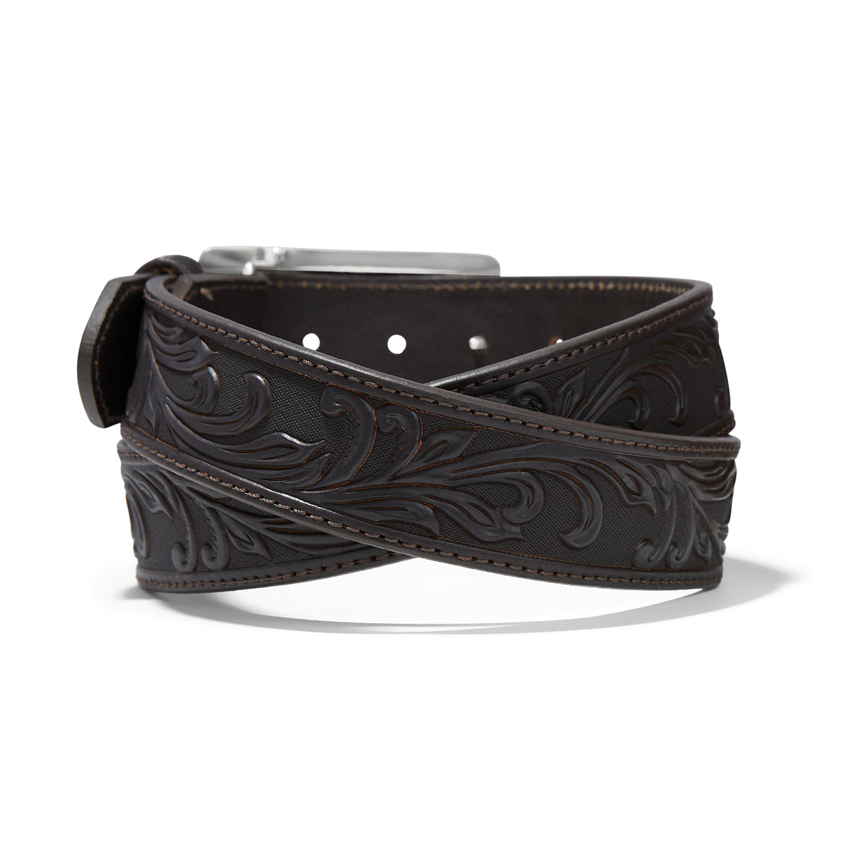 Leegin Tony Lama Stockyard Belt in leather with Western-style design, featuring detailed tooling and metal buckle.