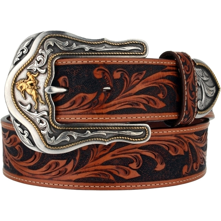 Leegin Tony Lama Westerly Ride Belt in brown leather with Western-style tooling and metal buckle, designed for riding and casual wear.