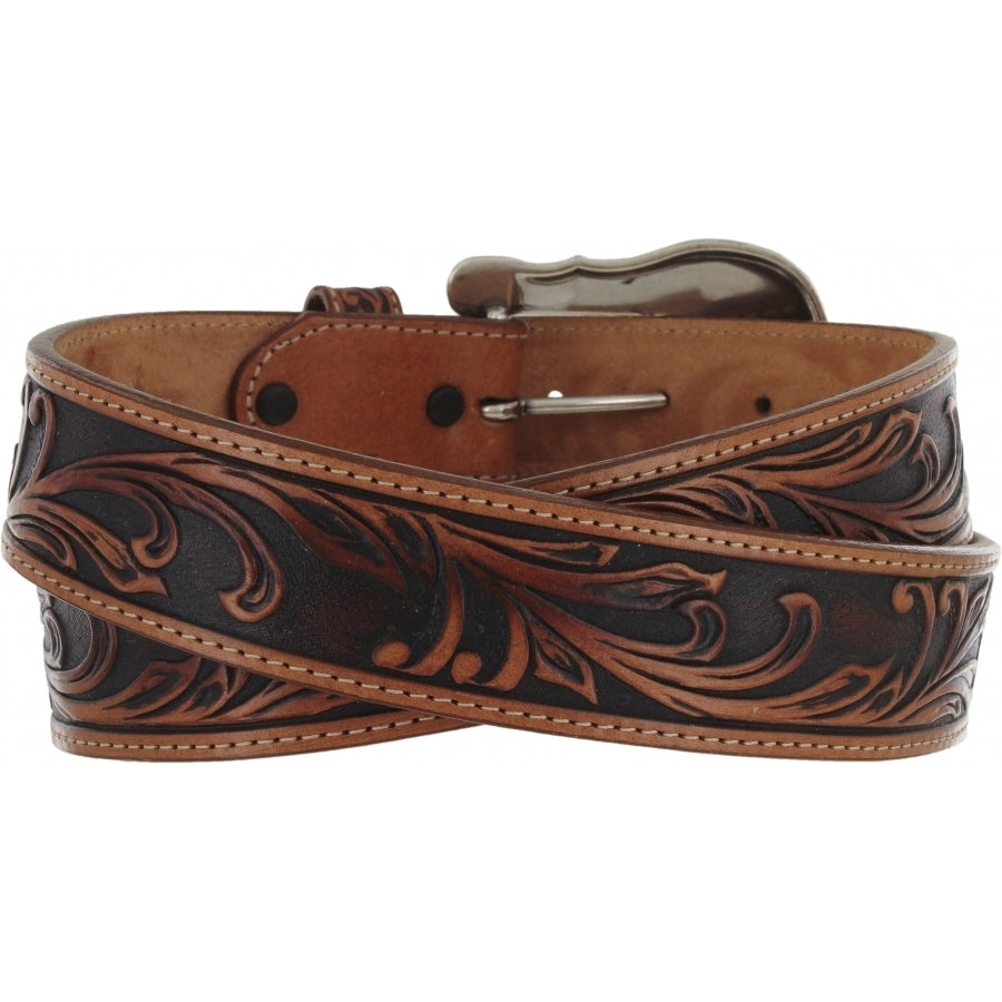 Leegin Tony Lama Westerly Ride Belt in brown leather with embossed western pattern and metal buckle.
