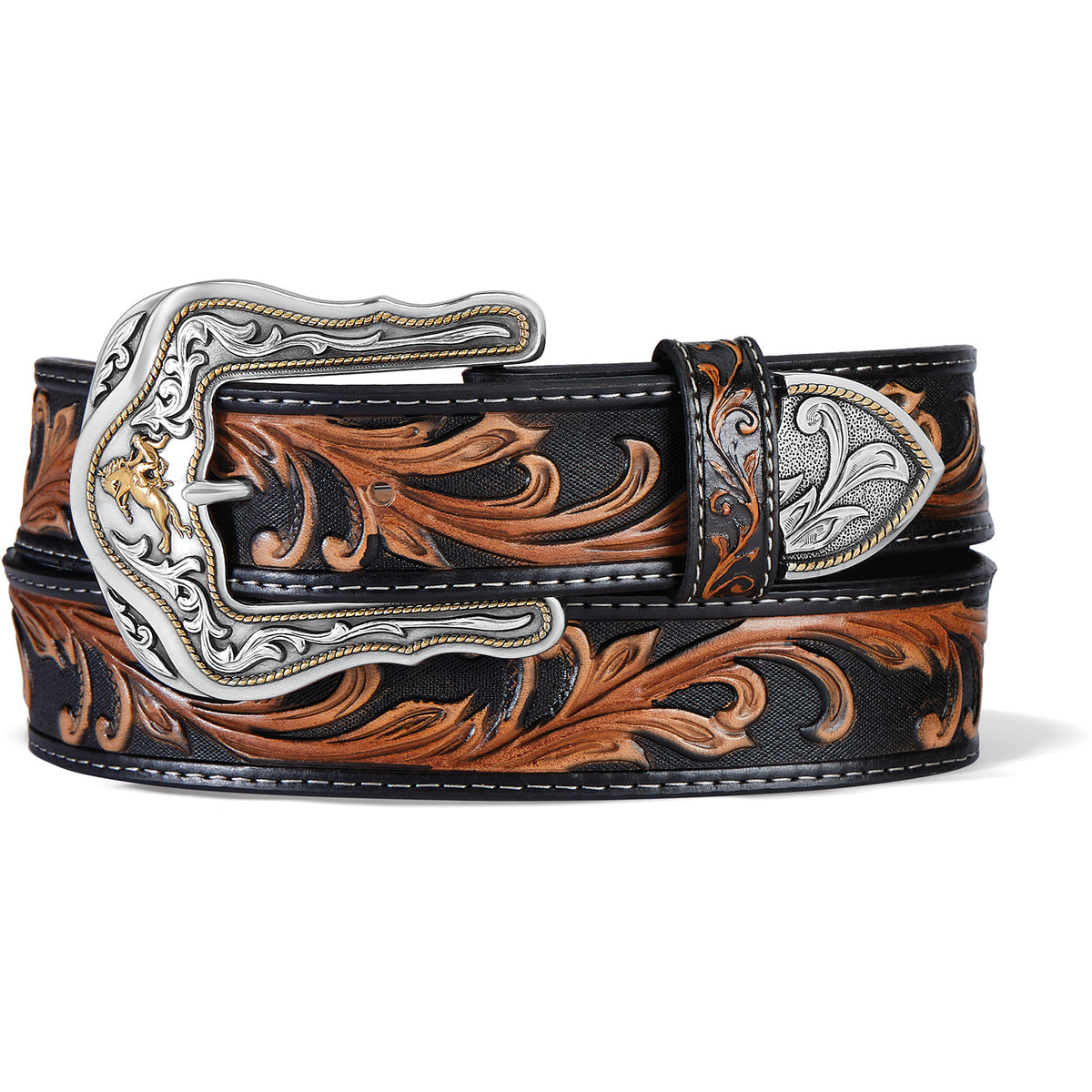 Leegin Tony Lama Westerly Ride Belt in brown leather with Western-style stitching and metal buckle for men's casual wear.