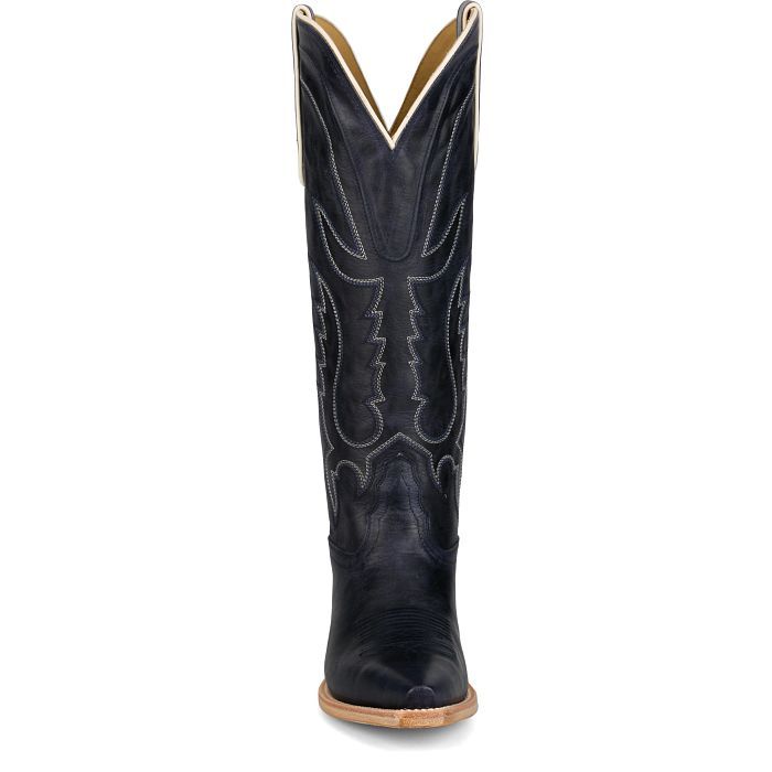 Tony Lama Women's Jess 15-inch Western Boots in blue leather with traditional Western stitching and pointed toe design.