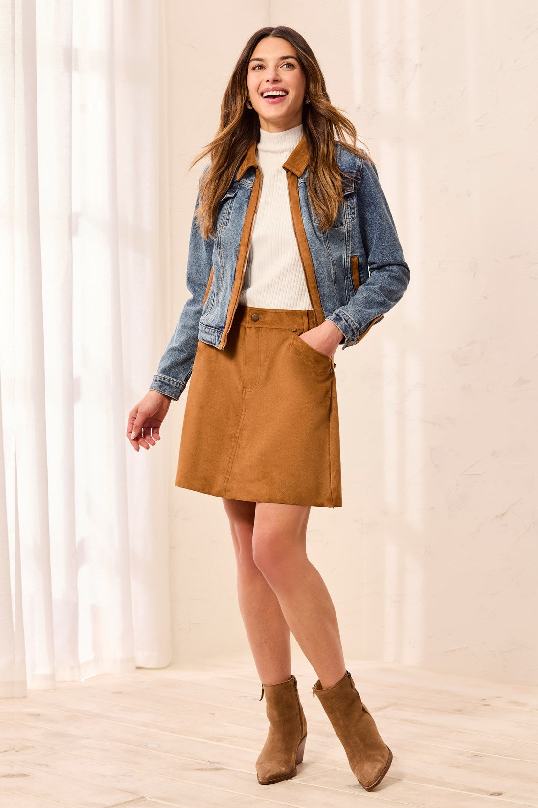 TRIBAL Women's Faux Suede A-Line Button-Front Mini Skirt, Hazelwood – front