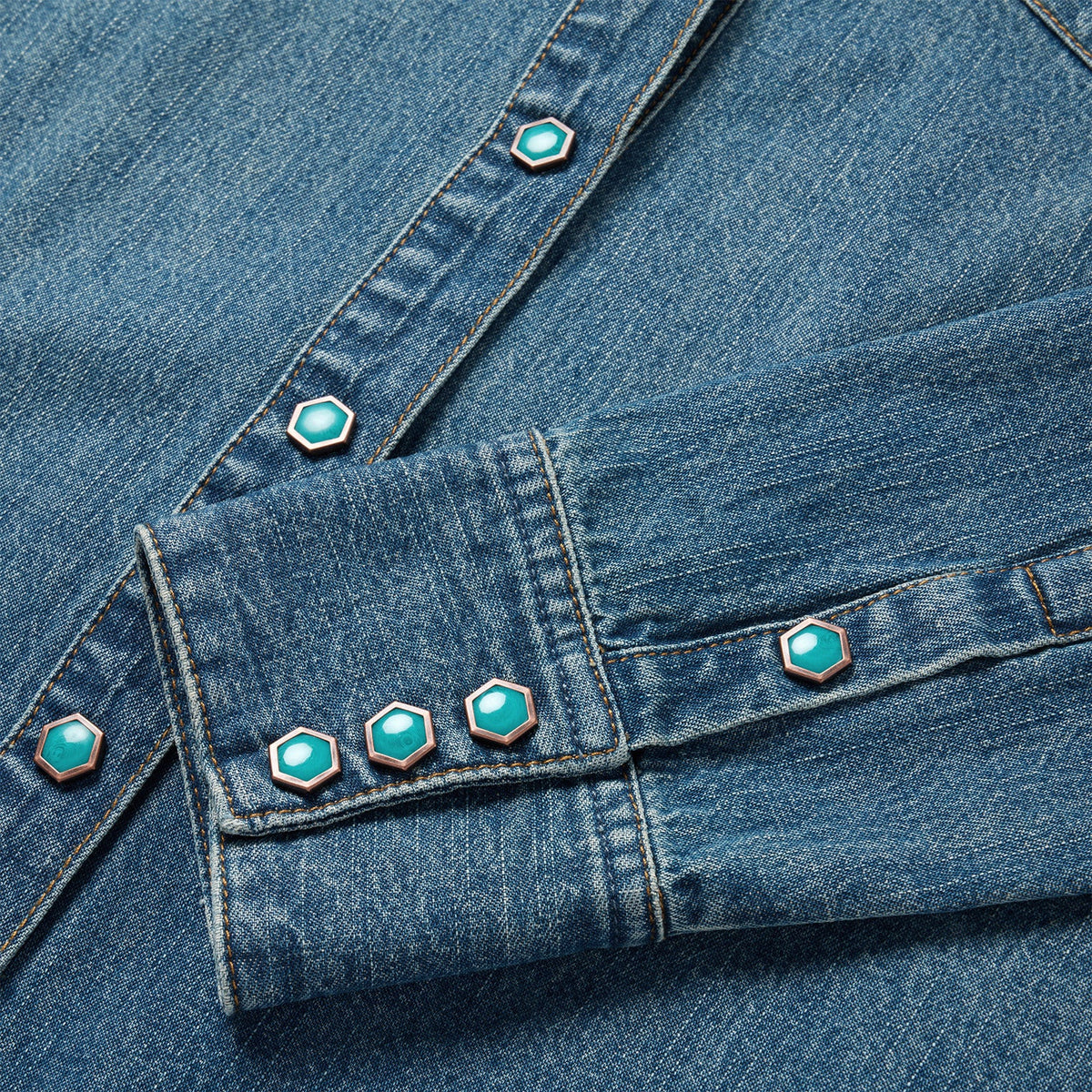 Stetson turquoise snap western denim shirt with front pockets and button-down design, casual style for western-inspired fashion.