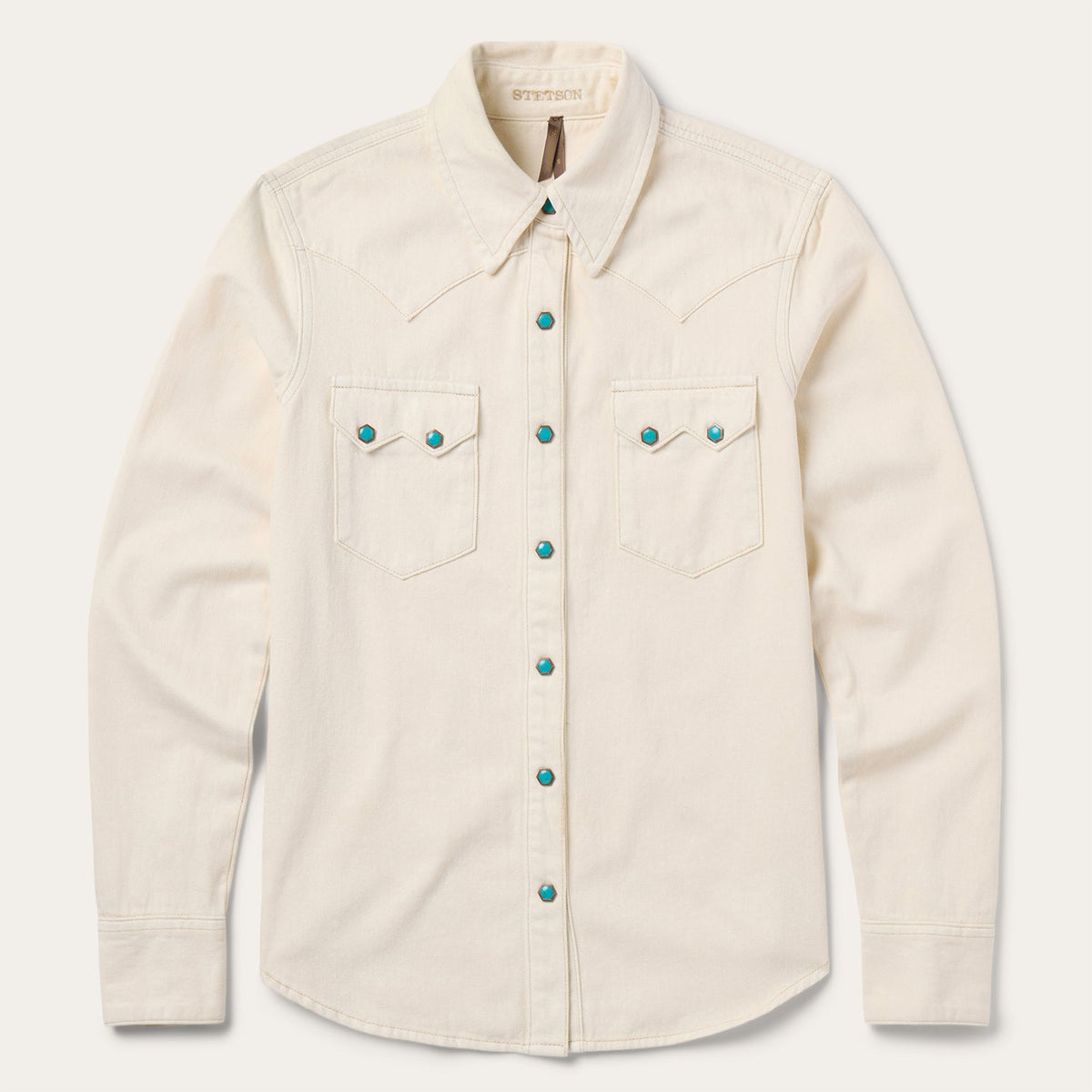 Stetson turquoise snap Western denim shirt with button front and Western yoke detailing, displayed on a hanger.