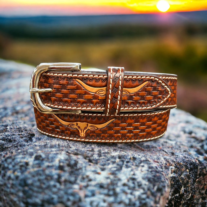 Twisted X kids' tan leather belt with basket weave tooling, braided center strip and gold-tone buckle