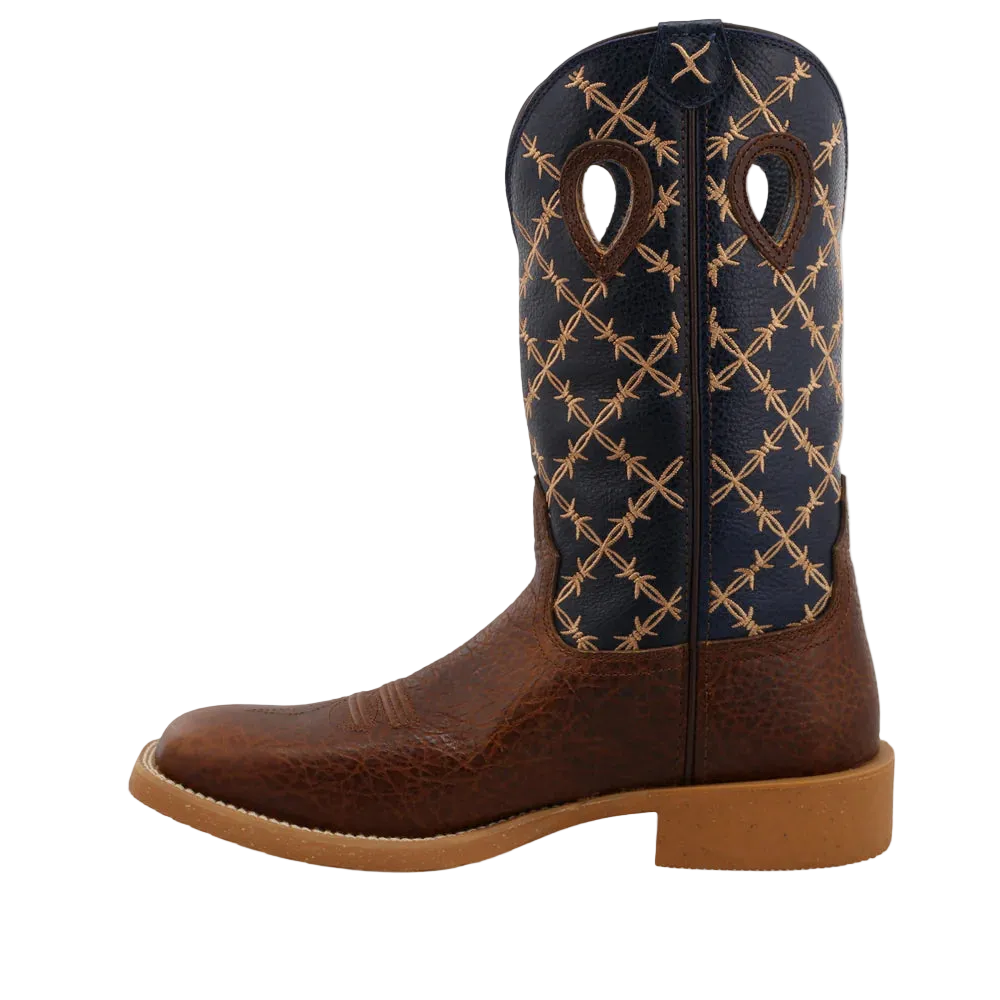 Twisted X men's 12-inch Tech X™ boots in rustic brown and navy leather with rugged design and stitching details.