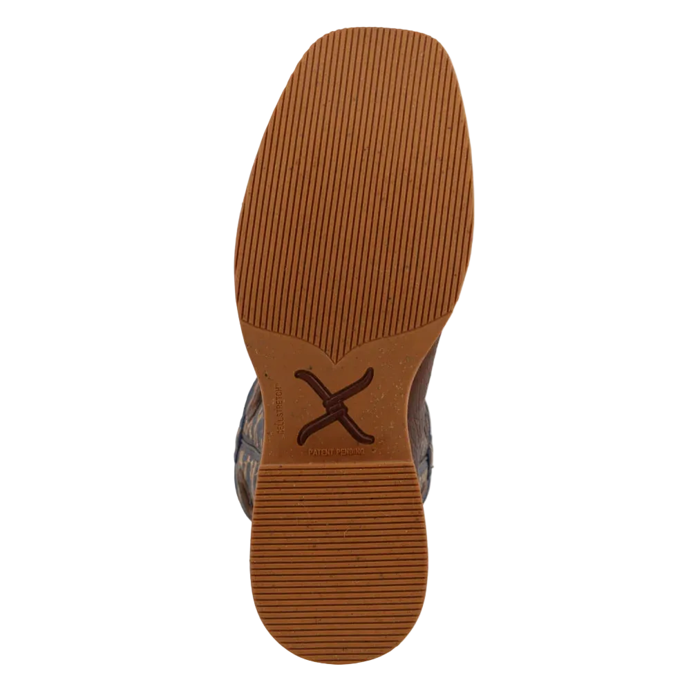 Twisted X men's 12-inch Tech X™ boots in rustic brown and navy, featuring leather construction and rugged style.