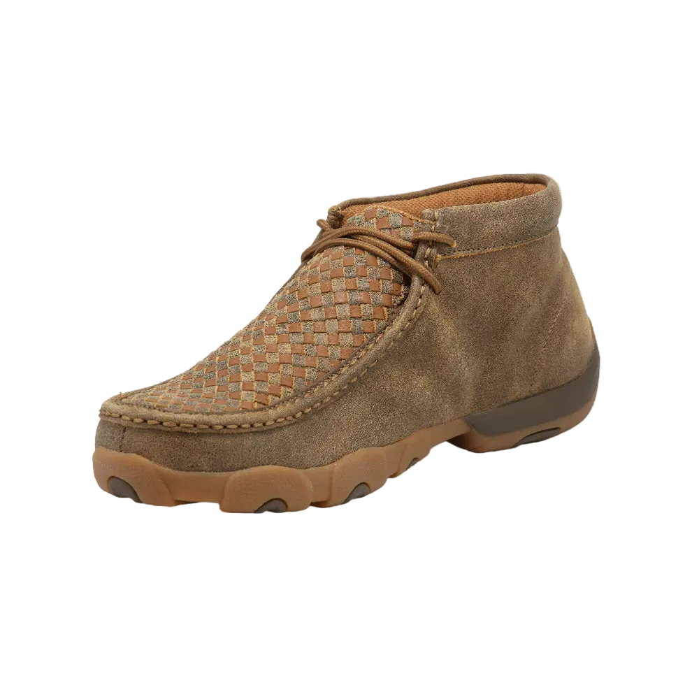 Twisted X men's chukka driving moc shoes in bomber and tan leather with stitching details and slip-on design.