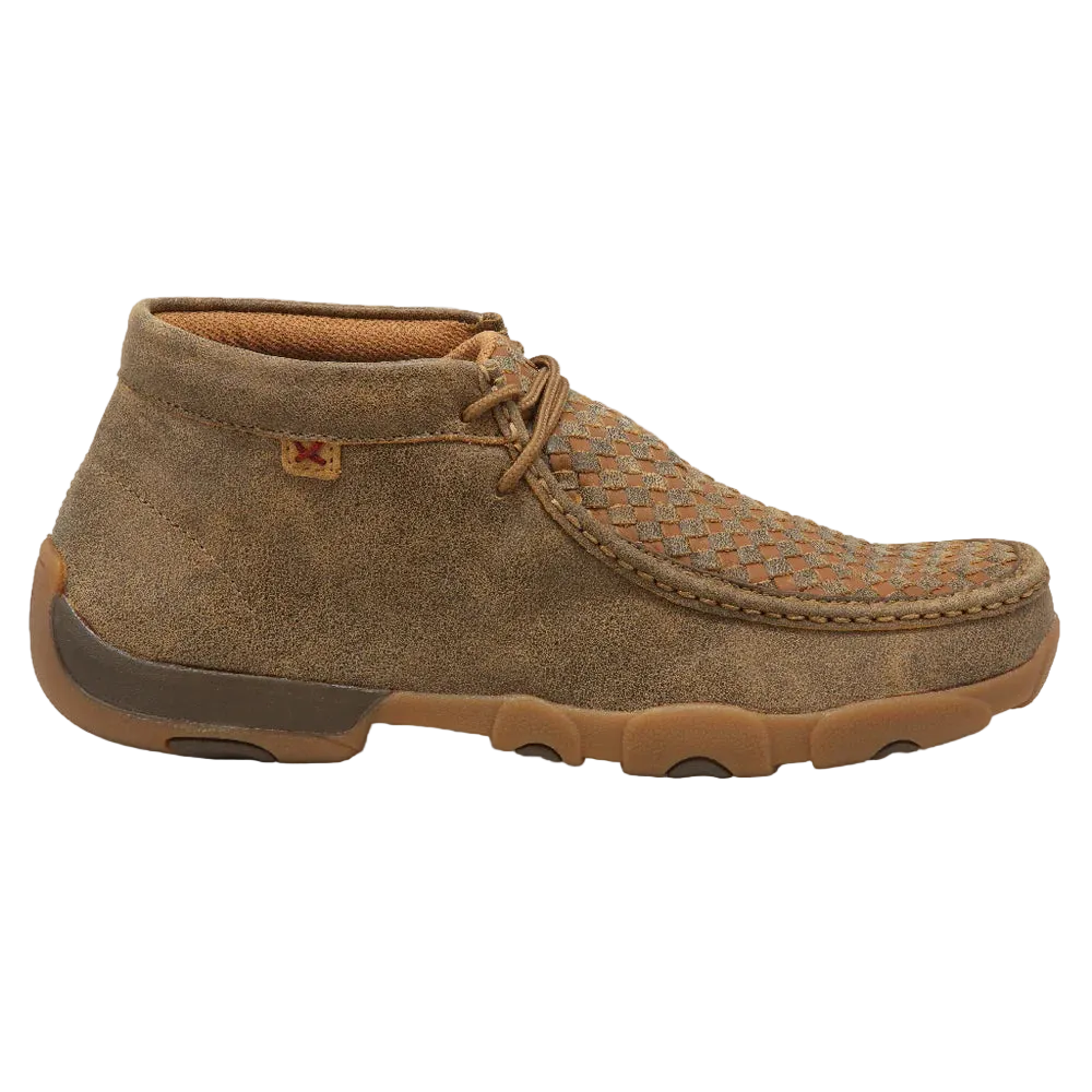 Twisted X men's chukka driving moc shoes in bomber tan leather, featuring a classic slip-on design and durable sole.