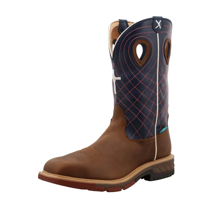 Twisted X Men's 12" Waterproof Alloy Toe Western Work Boot, Mocha & Navy – 3-4 front
