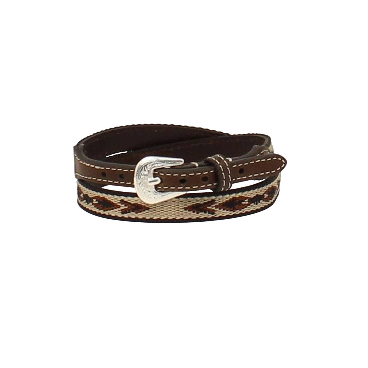 M&F Twister Southwest Ribbon Hat Band wrapped around a cowboy hat with colorful southwestern patterns.