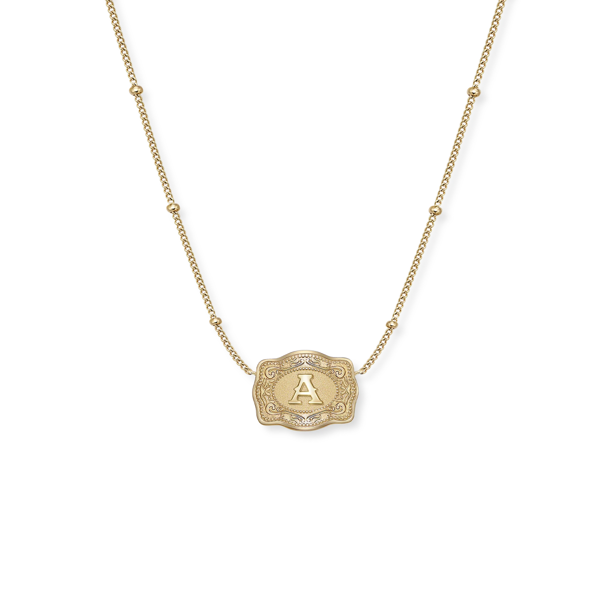 SpurWest Ultra Mini Belt Buckle Necklace with the initial A on a gold buckle pendant and gold beaded chain