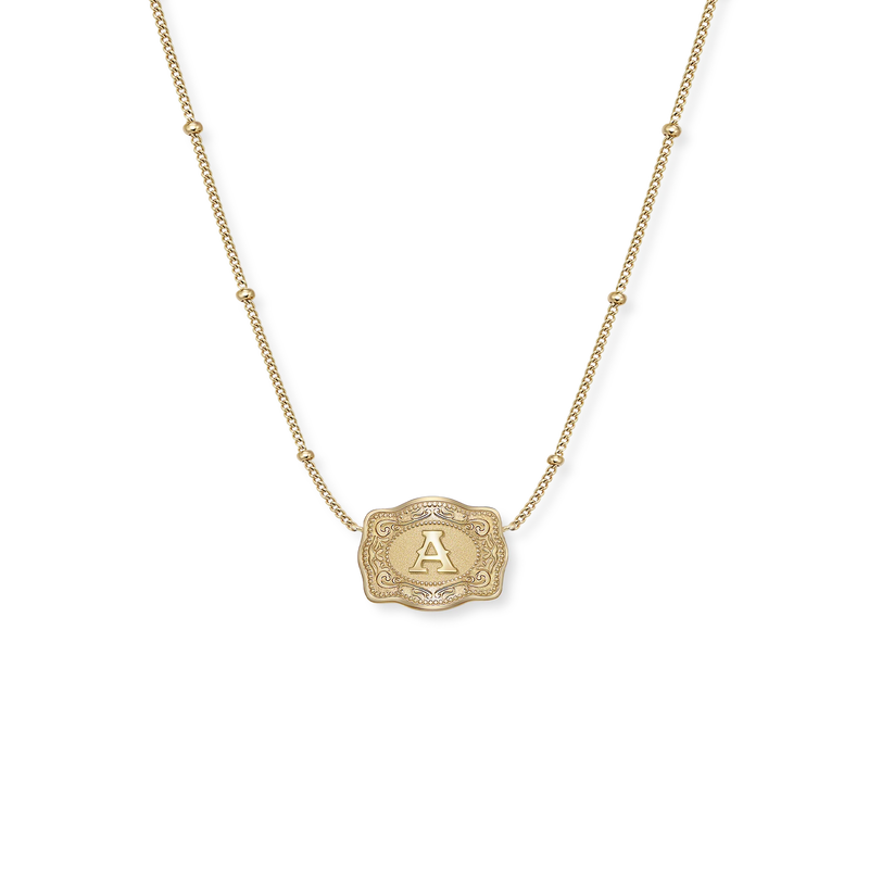 SpurWest Ultra Mini Belt Buckle Necklace with the initial A on a gold buckle pendant and gold beaded chain