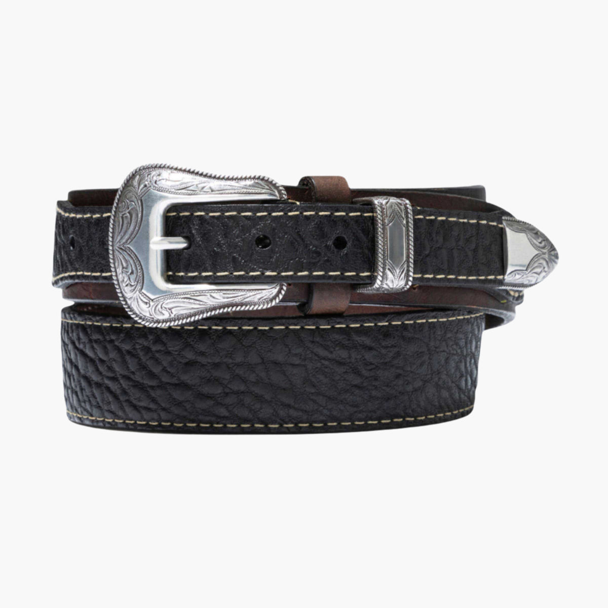 Lejon Belts Vintage Bison Ranger Black leather belt, 1.5-inch width, with rugged bison texture and classic buckle.