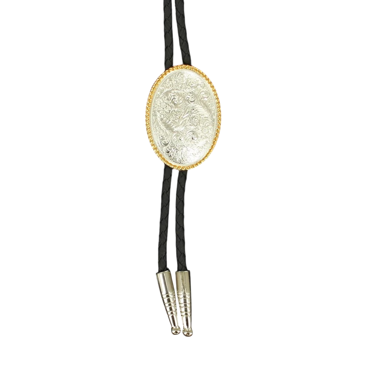 Western engraved bolo tie by M&F featuring detailed metalwork and traditional western style.