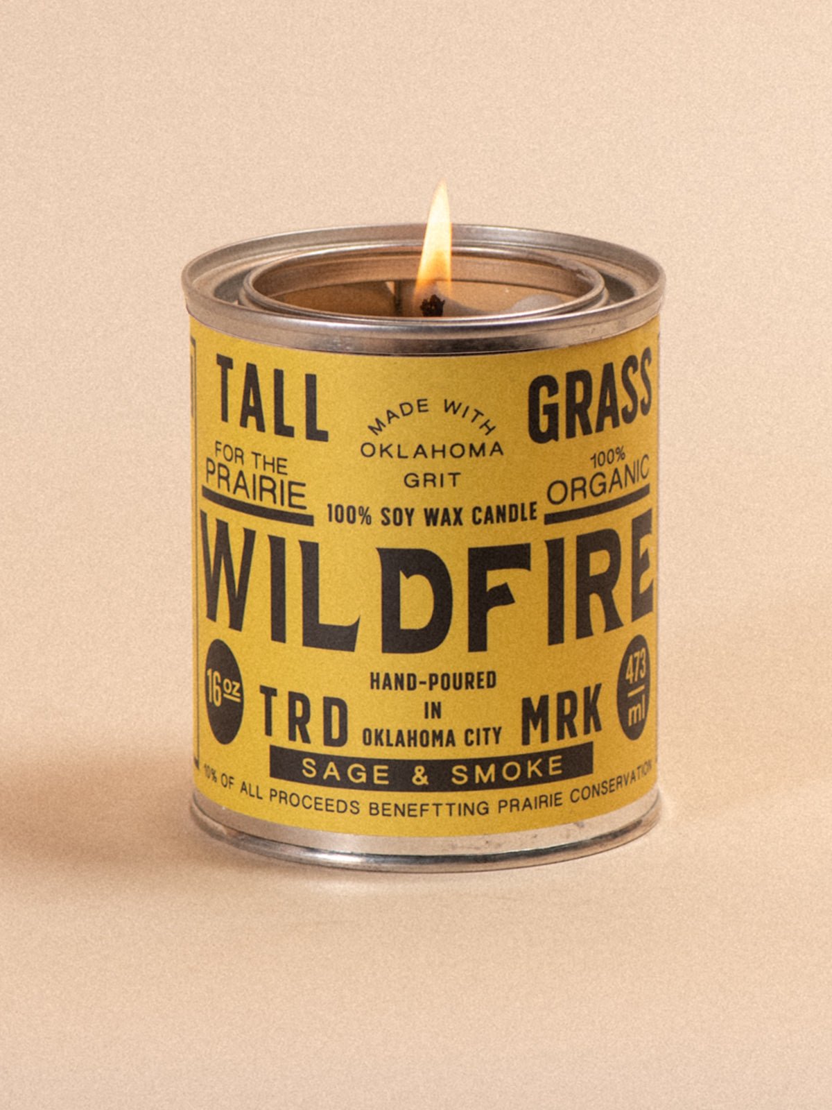 Tallgrass Supply Wildfire soy wax candle with sage and smoke scent, featuring a tall, elegant candle design suitable for home decor.