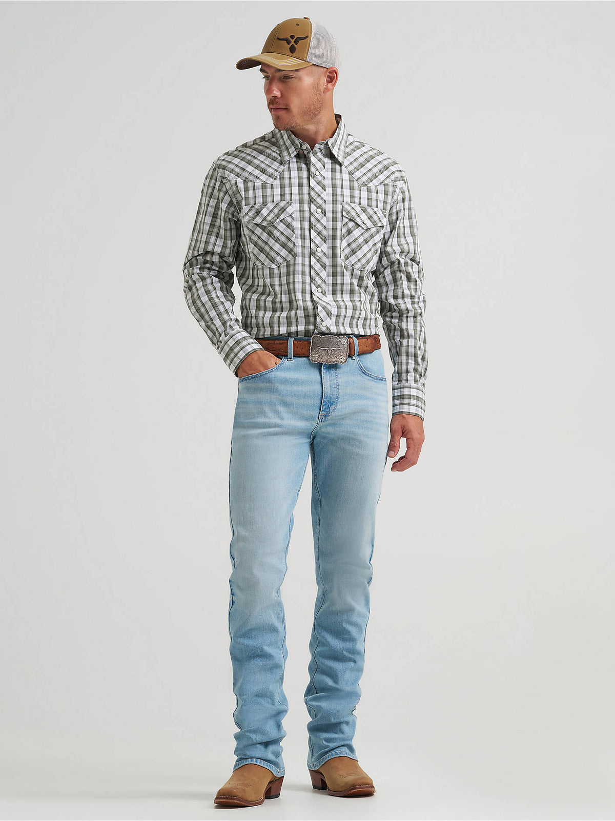 Wrangler 20X Men's Competition Advanced Comfort Long Sleeve Shirt, Green Plaid – full length